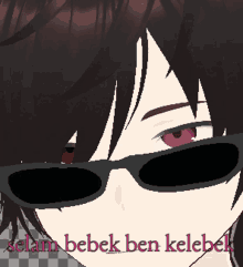 a pixel art of a boy wearing sunglasses with the words selam bebek ben kelebek written below him