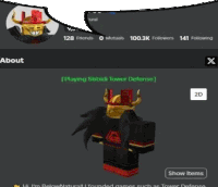 a screenshot of a roblox account with a picture of a person wearing a horned helmet