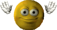 a yellow smiley face with white eyes is being held up by two hands