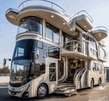 a double decker bus with stairs leading up to it is parked in a parking lot .