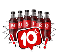 six bottles of mostro coca cola are lined up next to a speech bubble that says 10