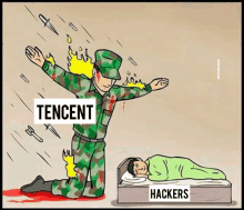 a cartoon of a soldier kneeling down in front of a bed with hackers written on it