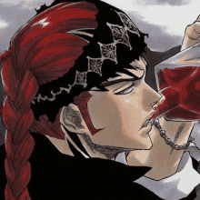 a man with red hair is drinking from a glass while wearing a headband .