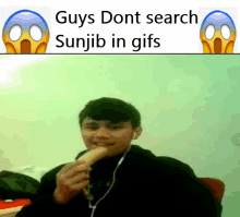 a picture of a boy eating a banana with the words guys dont search sunjib in gifs