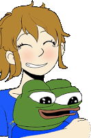 a cartoon girl holding a green frog on her shoulder