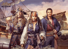 a poster for pirates caribbean tides of war shows three pirates standing next to each other