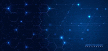 a blue background with glowing hexagons and lines on it