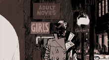 a drawing of a man standing in front of an adult movies sign