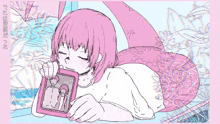 a drawing of a girl with pink hair holding a picture frame