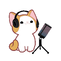 a cartoon cat wearing headphones sitting next to a microphone