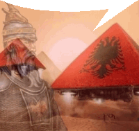 a painting of a man standing in front of a red pyramid