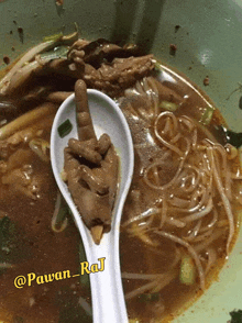 a close up of a bowl of soup with a spoon that has a chicken foot on it