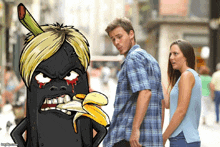 a man and a woman are walking down a street with a cartoon character eating a banana