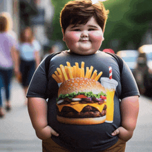 a boy wearing a t-shirt with a hamburger french fries and a drink on it