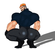 a man with a beard and a big butt is squatting down and looking at the camera .