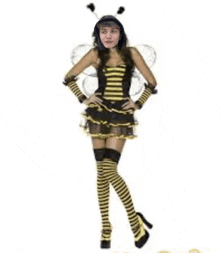 a woman in a bee costume with striped socks