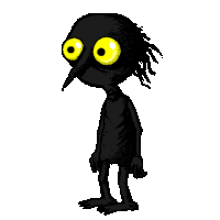 a cartoon drawing of a black monster with big yellow eyes