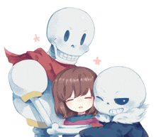 two skeletons are hugging a little girl with a pink star in the background