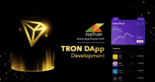 a poster for tron dapp development shows a phone screen with a graph on it