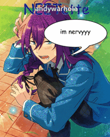 a purple haired anime character with a speech bubble that says " im nervyyy "