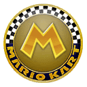 the mario kart logo is a gold coin with a checkered pattern .