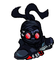 a black cartoon character with red eyes is holding a knife .