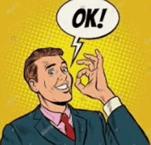 a man in a suit and tie is giving the ok sign with a speech bubble that says ok .