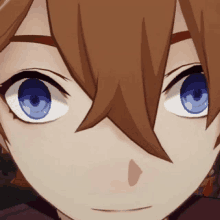 a close up of a anime character 's face with blue eyes and brown hair .