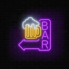 a neon sign for a bar with a beer mug and an arrow pointing to the left