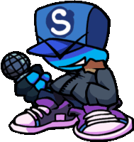 a cartoon character wearing a blue hat with a letter s on it