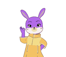 a purple rabbit with a yellow jacket is giving an ok sign