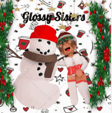 a girl in a santa hat is standing next to a snowman with glossy sisters written on the bottom