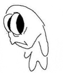 a black and white drawing of a cartoon character with a sad face and big eyes .