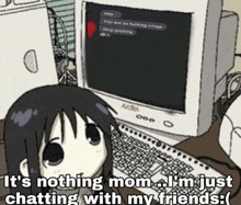 a cartoon girl is sitting in front of a computer with a message on the screen that says hey you are so fucking cringe