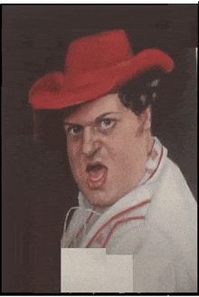 a painting of a man wearing a red hat and a white shirt .