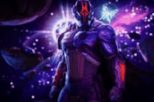 a man in a futuristic suit is standing in front of a purple and blue background .