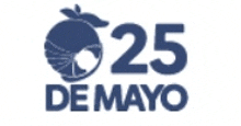 a blue and white logo for 25 de mayo with a picture of an apple .