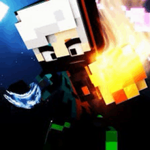 a minecraft character is holding a sword in his hand and a fireball is coming out of his mouth .