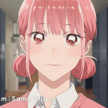 a girl with pink hair is smiling and the words same blue are behind her