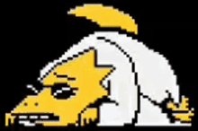 a pixel art drawing of a yellow and white cartoon character laying down .