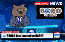 a cartoon bear is standing in front of a breaking news sign that says bobo on base