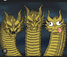 a cartoon drawing of three dragons with the year 2014 in the corner