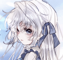 a drawing of a girl with white hair and a blue bow