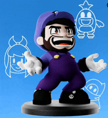 a cartoon character with a beard wearing purple overalls and a hat