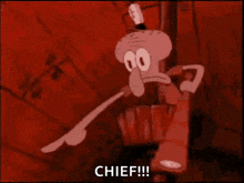 squidward from spongebob squarepants is holding a sword and saying `` chief ! ''