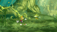 a video game scene with a frog and a cartoon character in the grass