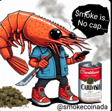 a cartoon of a shrimp holding a knife and a can of cardano soup