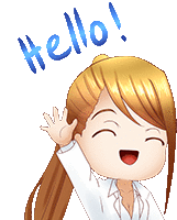 a cartoon girl is waving her hand with the words hello written above her