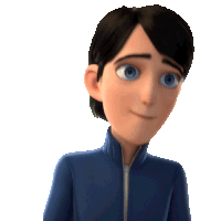 a cartoon character with blue eyes and black hair