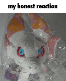 a stuffed animal is wrapped in plastic and has a funny face .